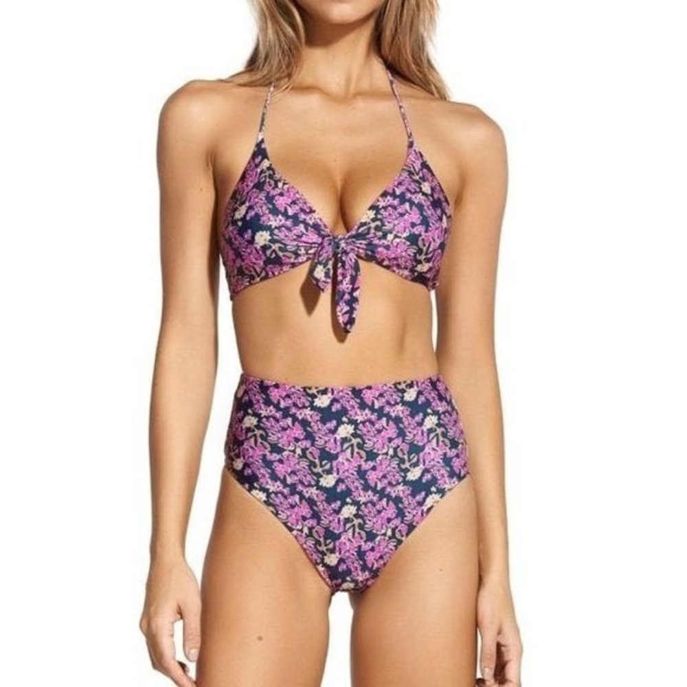 Vix Paula Hermanny Brazil Halter Bikini Purple Green Floral Size M Summer Beach